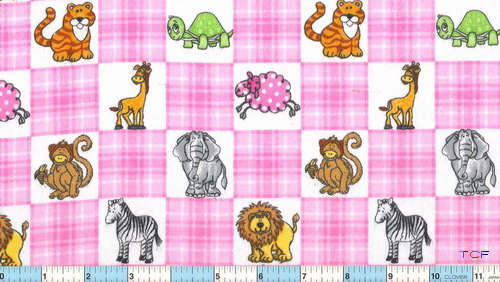 Monkey Elephant Giraffe Pink White Check Flannel